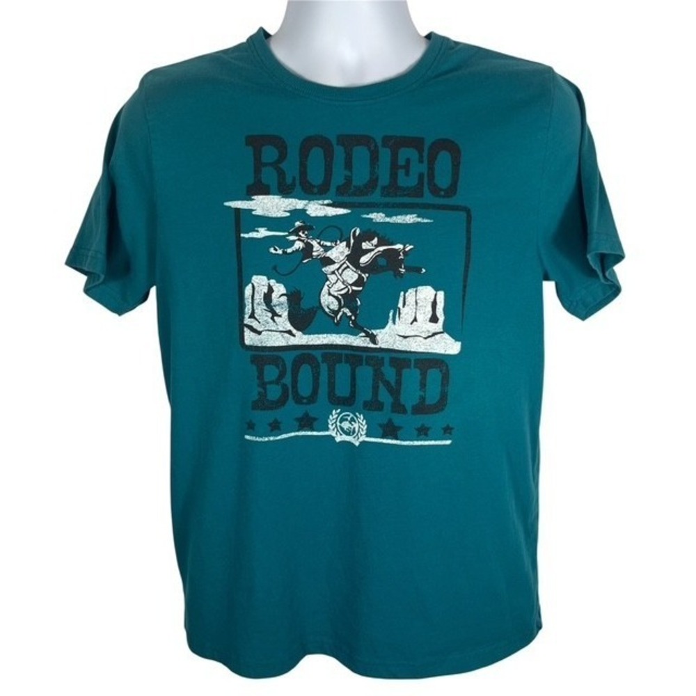 Cinch Womens Sz L Rodeo Bound T-Shirt Bucking Bronco Rider Teal Cowboy-1623